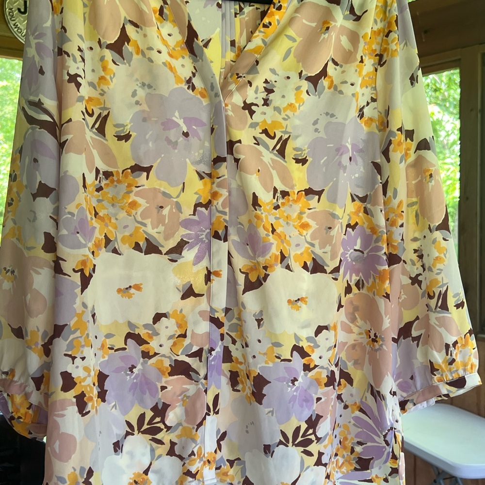 NYDJ Floral Blouse in Cream, Yellow, Lavender and Brown